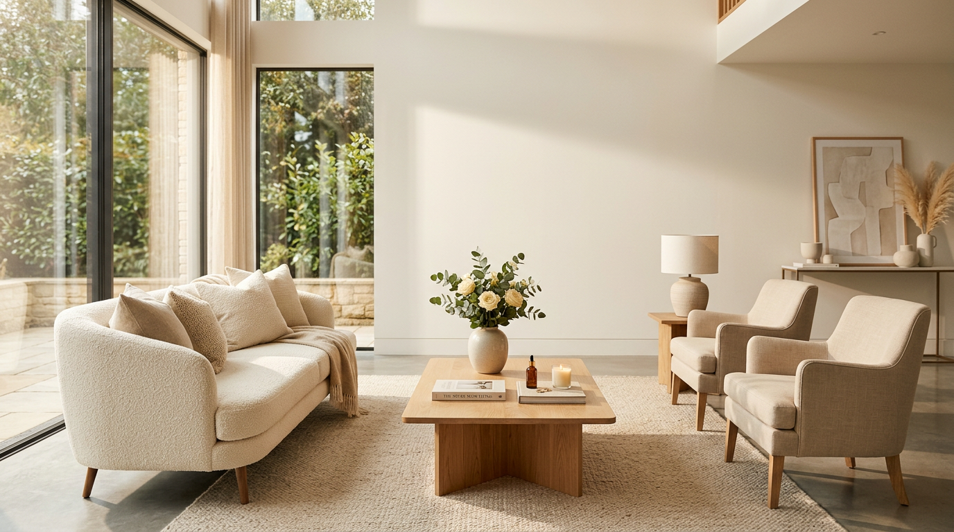 Sunlit living room with cream sofa, two armchairs, and wooden coffee table