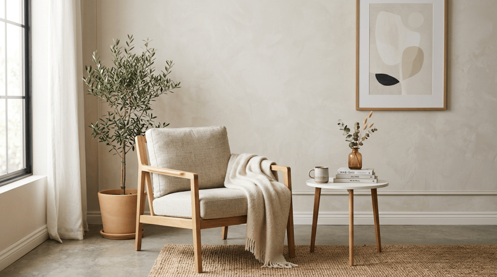 Cozy reading nook with armchair, blanket, plant, and side table